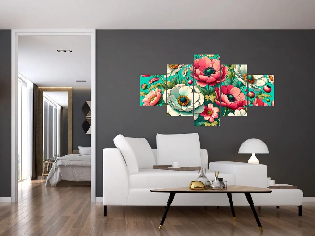 Obraz - Kwiaty na niebieskim tle (125x70 cm)