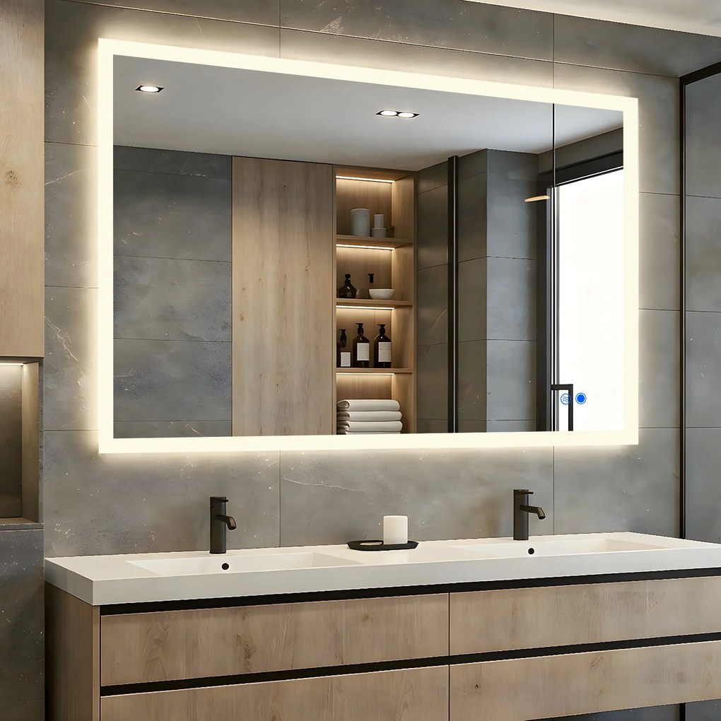 Prostokątne lustro do łazienki podświetlane LED 120x70cm z Dual color, Włącznik dotykowy, Mata grzewcza