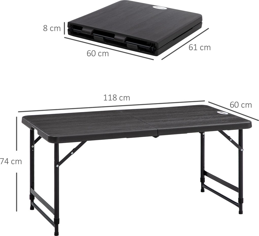 Outsunny Stół na Zewnątrz, Stół Ogrodowy, dla 4 Os., Składany, Regulowana Wysokość, Wygląd Drewna, Szary+Czarny, 118 x 60 x 74 cm