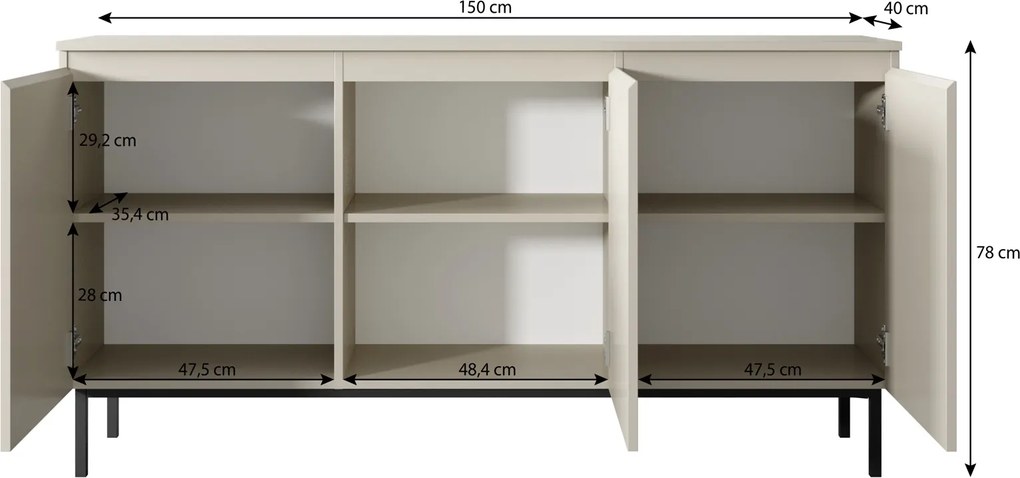 Kaszmirowa komoda do salonu Silk 3-drzwiowa, szer. 150 cm