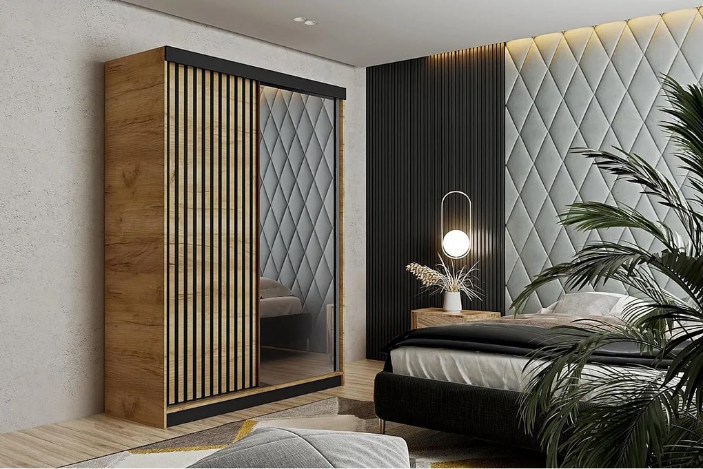 Szafa przesuwna z lustrem lamele MALANI 138 dąb craft złoty