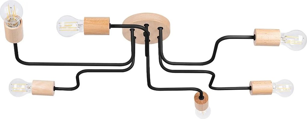 Żyrandol Loft Timbo, Stal/Drewno - 6 Źródło - L.85 X H.16.5 Cm - Czarny/Naturalne Drewno