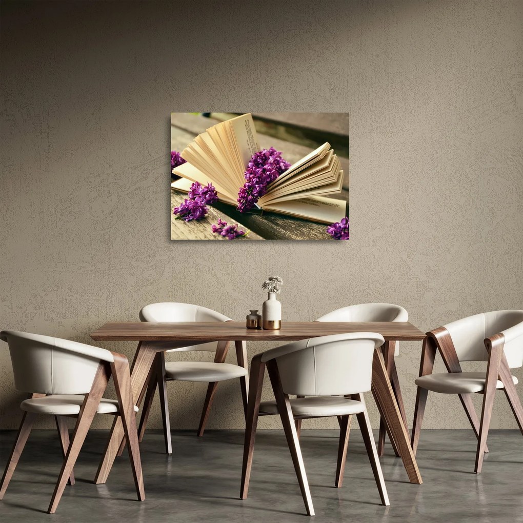 Obraz na szkle - książka i fioletowe kwiaty (70x50 cm)