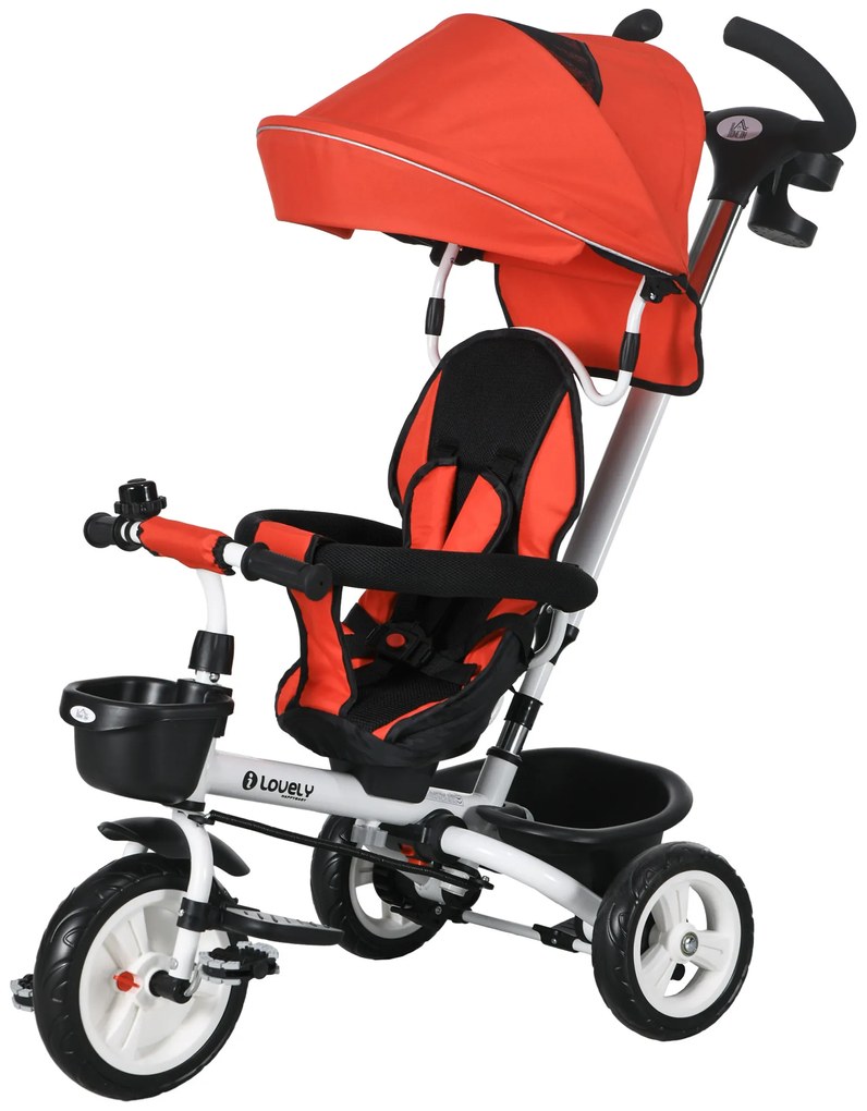 HOMCOM 6-w-1 Dziecięcy Trójkołowiec z uchwytem do pchania, daszkiem, pasem, koszem, dla dzieci powyżej 18 miesięcy, Czerwony