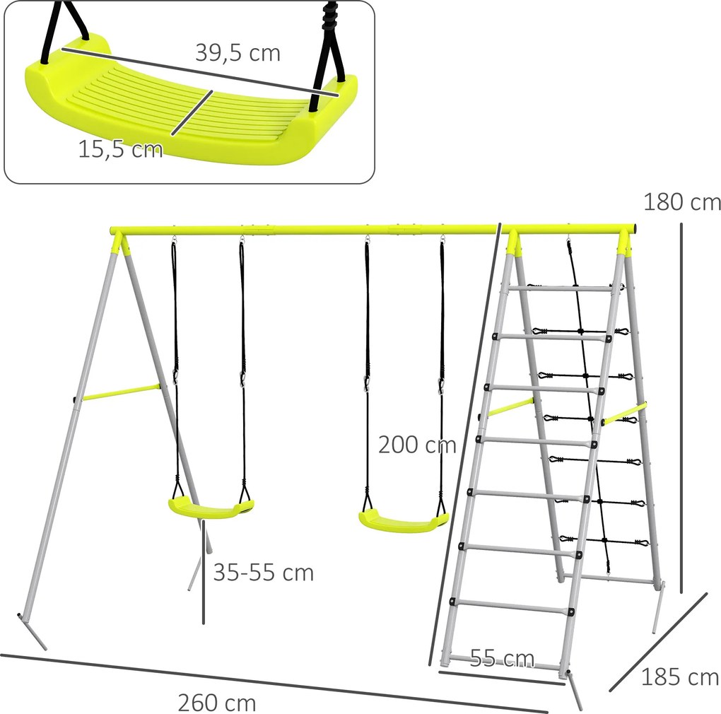 Outsunny Zestaw huśtawek dla dzieci z siatką do wspinaczki i drabinką, dla dzieci 3-8 lat, konstrukcja ze stali, Zielony