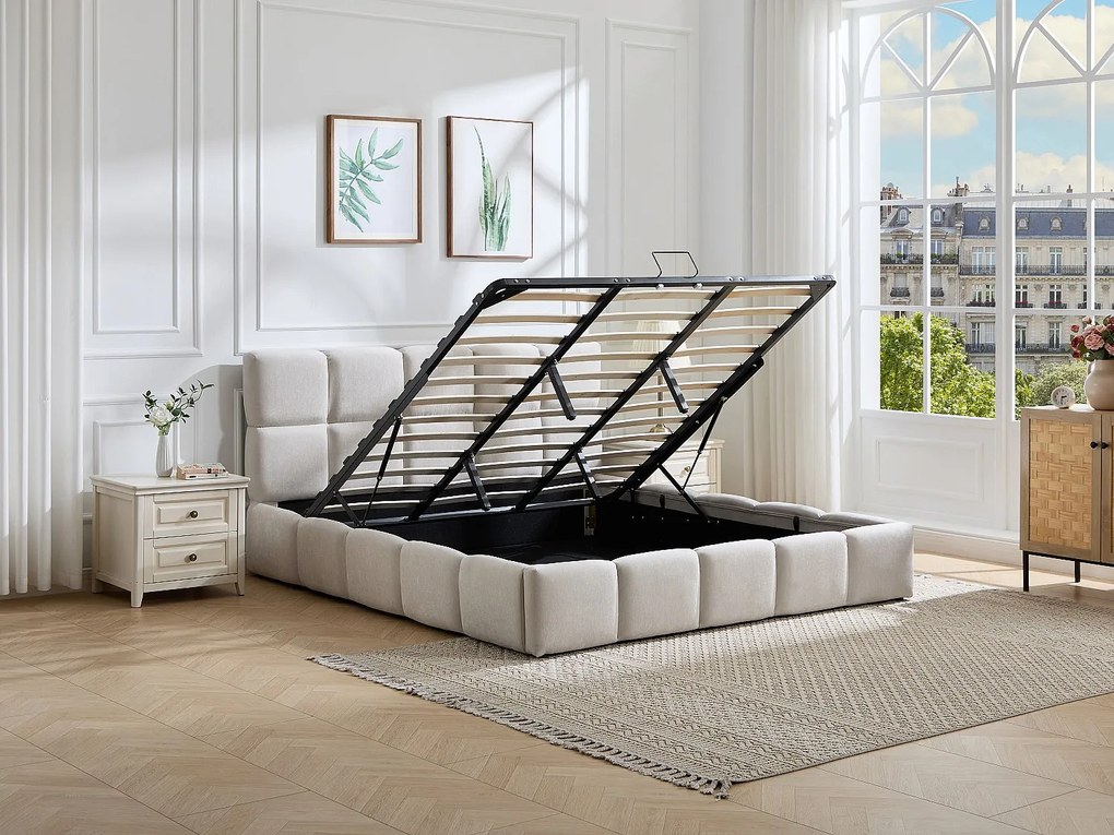 Łóżko ze skrzynią 200 x 200 cm – Tkanina – Beżowy + Materac - DILUDO