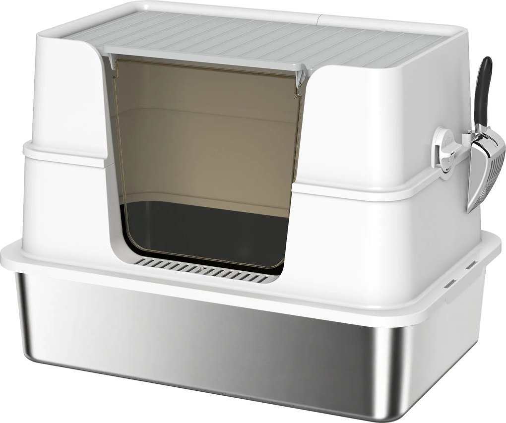 PawHut Kuweta dla kotów ze stali nierdzewnej, XL wnętrze, z łopatką, jasnoszara