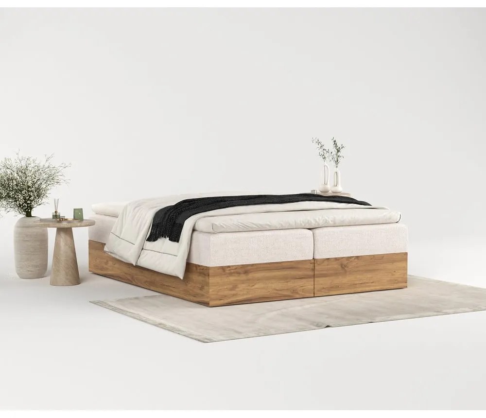 Beżowo-naturalne łóżko boxspring ze schowkiem 140x200 cm Faro – Maison de Rêve