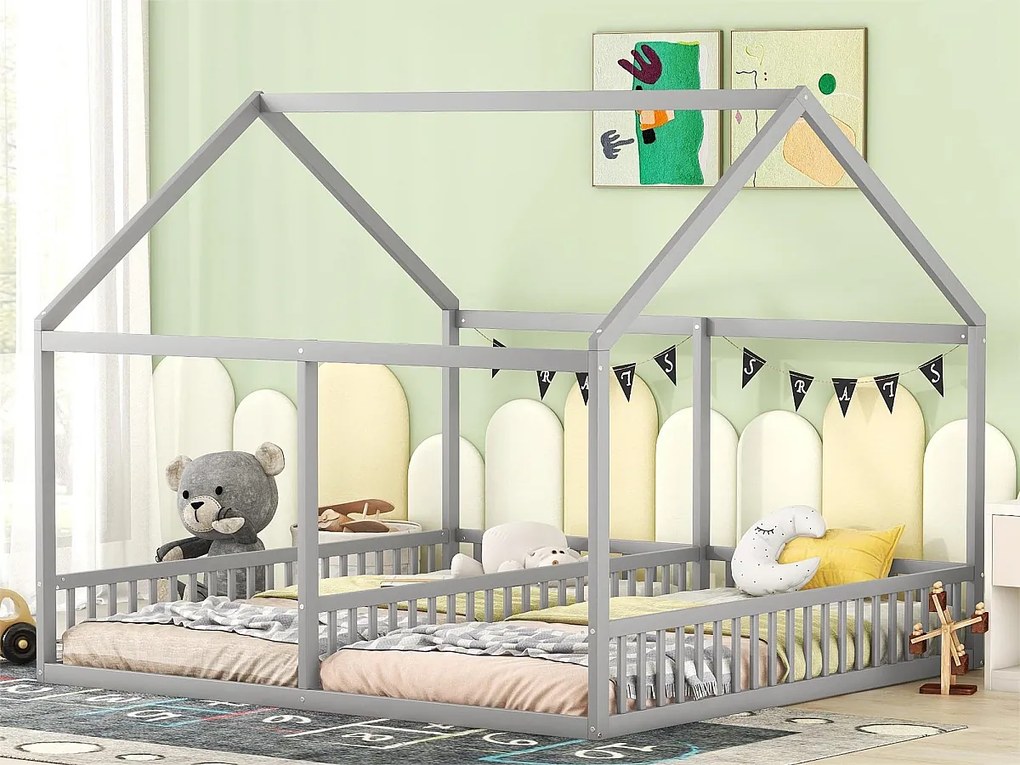 Łóżko dwuosobowe w kabinie - 2 x 90 x 200 cm - drewno sosnowe + płyta MDF - kolor szary