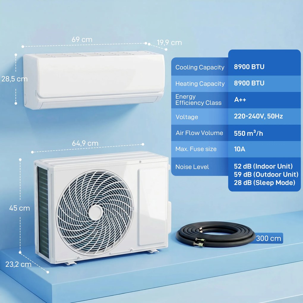 HOMCOM Klimatyzator mini-split 9000 BTU i pompa ciepła, klimatyzator inwerterowy z WiFi i zestawem instalacyjnym | Aosom PL