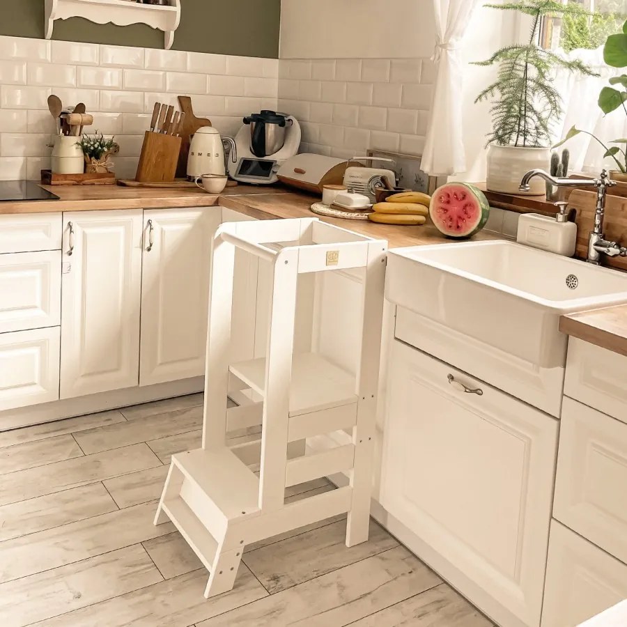 Kitchen helper drewniany pomocnik kuchenny dla dziecka, biały - meowbaby®