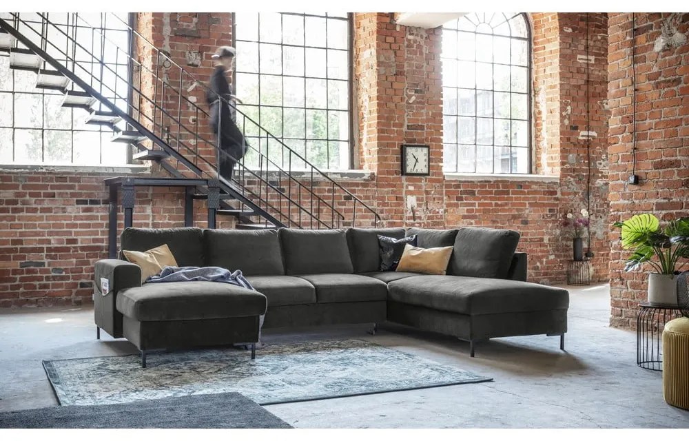 Ciemnoszara aksamitna rozkładana sofa w kształcie litery "U" Miuform Lofty Lilly, prawostronna