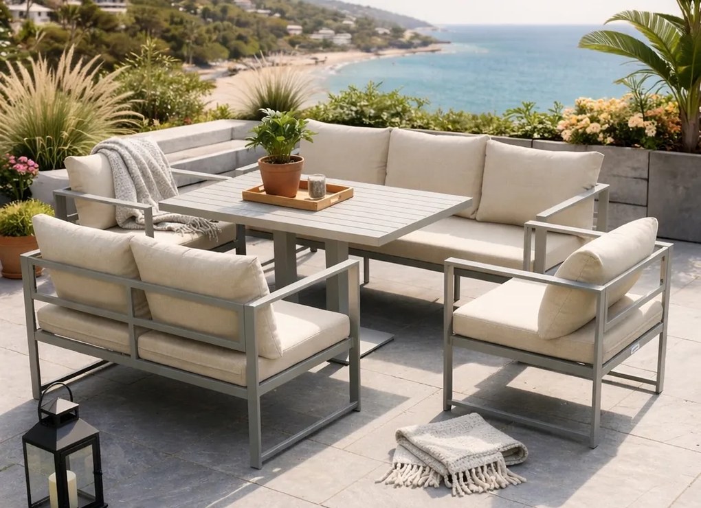 Zestaw mebli ogrodowych Bellagio 006 z sofami, fotelami i ławostołem, szary, poduszki beżowe