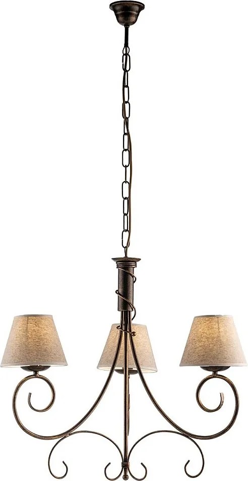Żyrandol Wiedeń z brązowego lakierowanego żelaza, dekor stare złoto, abażury PVC z efektem juty Ø13", klasyczny styl, 3 światła, Ø52 cm