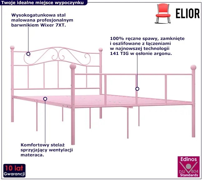 Różowe metalowe łóżko dwuosobowe 140x200 cm - Okla