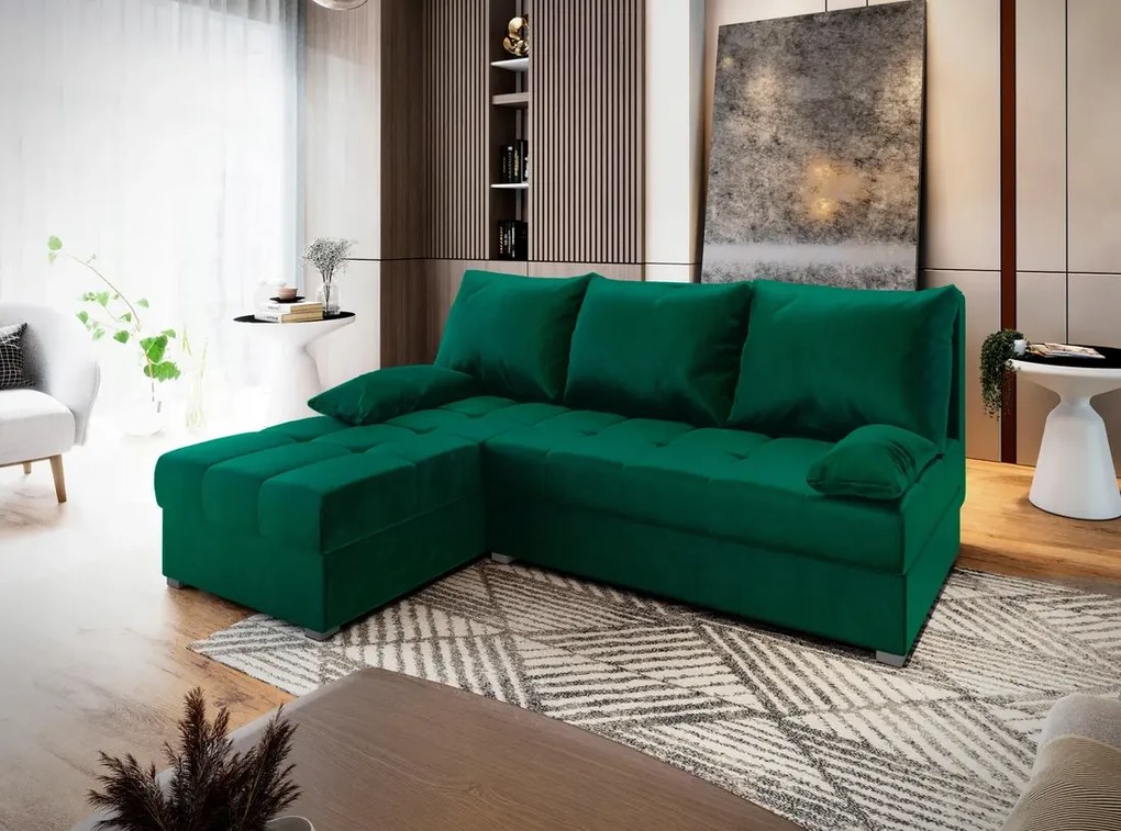 PROMOCJA Ciemnozielona rozkładana narożna sofa ZENA, dwustronna II. klasa