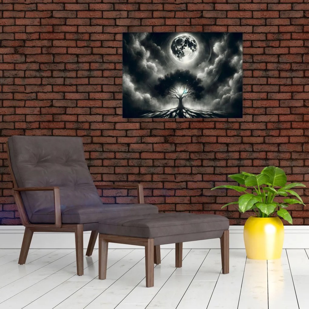 Obraz na szkle – Czarno-białe drzewo w pełni księżyca (70x50 cm)