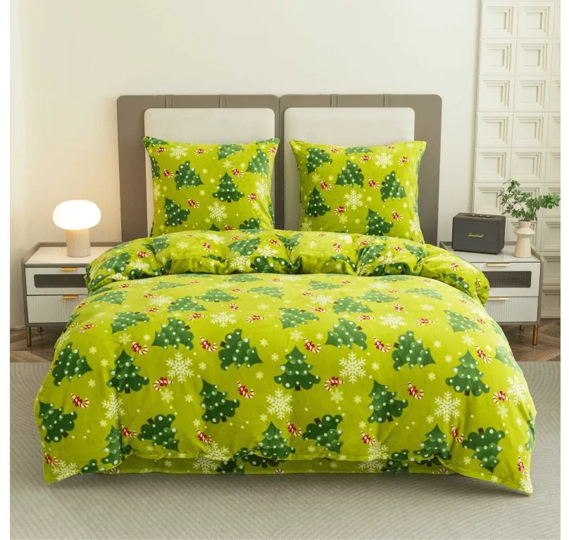 PrzytulneMieszkanie.pl PrzytulneMieszkanie.pl PrzytulneMieszkanie.pl Zestaw pościeli z mikropluszu CHRISTMAS TREE zielony + prześcieradło z mikropluszu SOFT 180x200 cm białe, podwójne łóżko