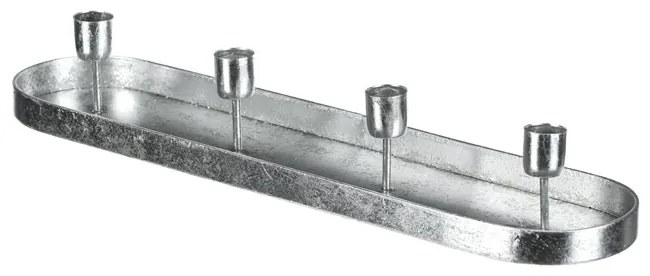 Metalowy świecznik na 4 stożkowe świece, owalny,srebrny