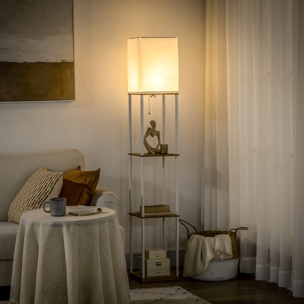 HOMCOM Lampa stojąca, kinkiet z półkami, rama metalowa, abażur z tkaniny, 26x26x159cm, Biały/Brązowy
