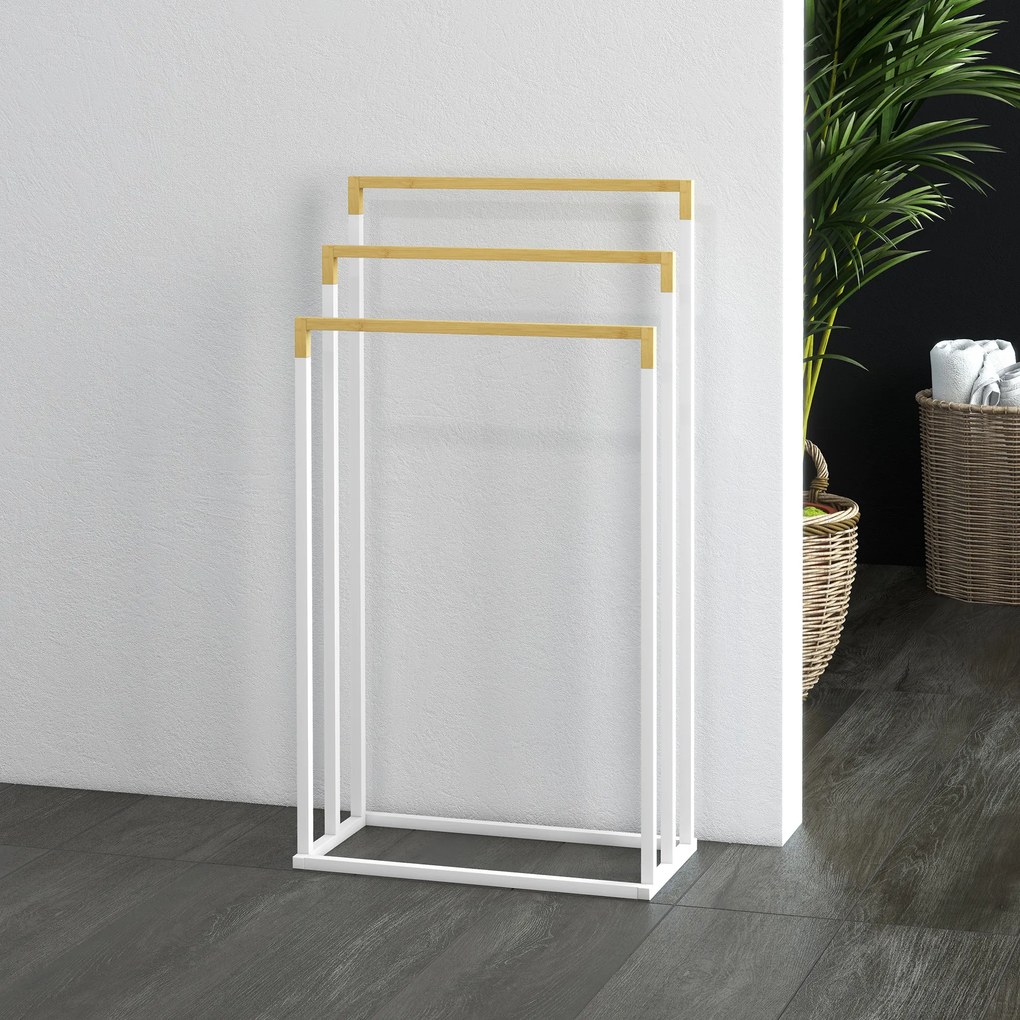 kleankin Zestaw Stojaków na Ręczniki 3 Drążki, Design Przemysłowy, Bambus, 45 x 22,5 x 86 cm, Biały + Natur