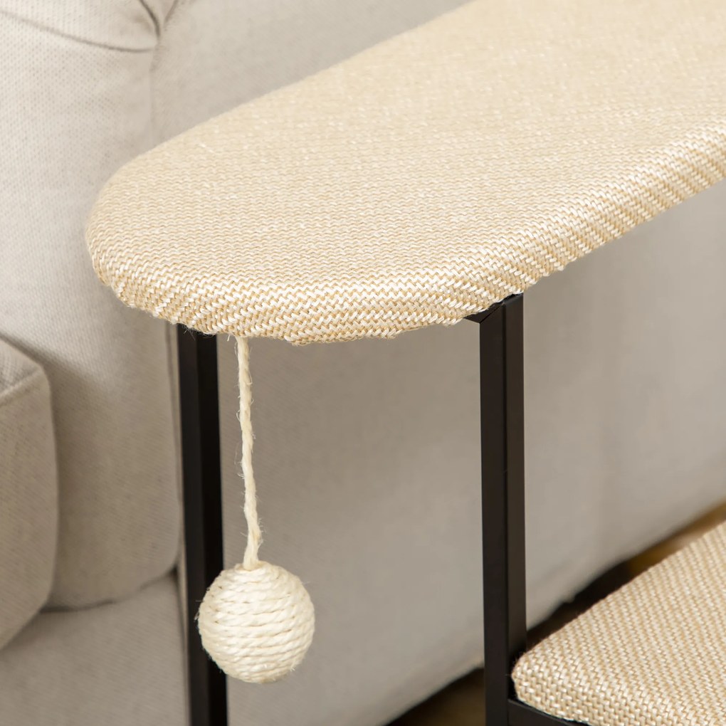 PawHut Schodki dla Kota z Drapakiem, 3 Stopnie, Kula do Zabawy, Solidne, Stal+Sizal, Kremowy+Czarny, 51 x 54 x 53cm