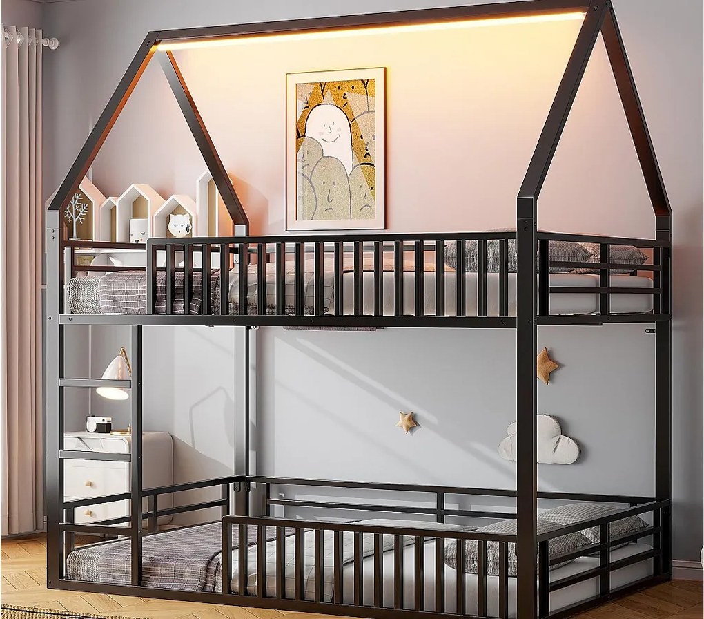 Łóżko piętrowe dla dzieci 140×200 cm - design w kształcie domku - z barierką i oświetleniem LED - Czarne (bez materaca)