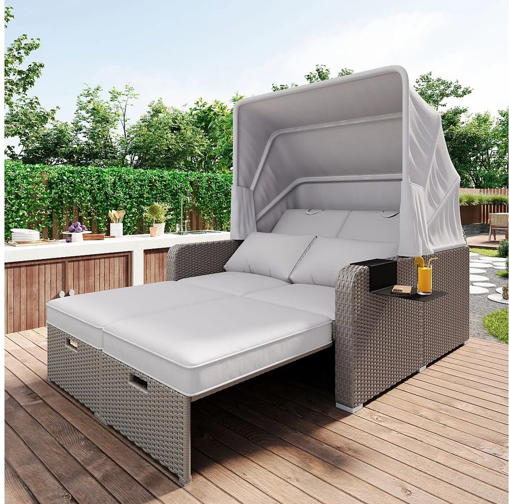 Zestaw mebli ogrodowych 2-osobowy, sofa wypoczynkowa z polirattanu z regulowanym baldachimem - do ogrodu, tarasu - Khaki