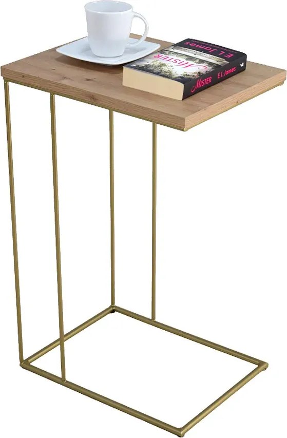 Druciany stolik pomocniczy dąb artisan + złoty D7-F80