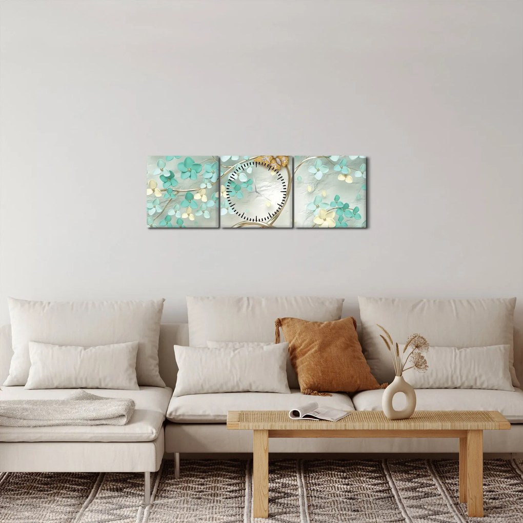 Obraz kwiata z motylami (z zegarem) (90x30 cm)