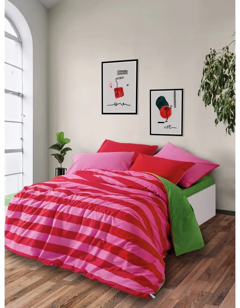 Zielono-różowa pościel dwuosobowa z bawełny renforcé z prześcieradłem/4-częściowa 200x220 cm Cherie – Mijolnir