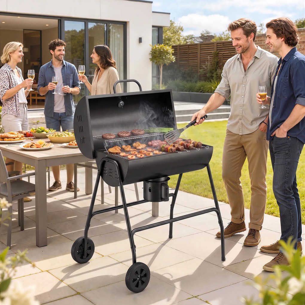 Outsunny Grill węglowy Metal BBQ z pokrywą Termometr Koła Wózek grillowy 95x71,5x102 cm Czarny