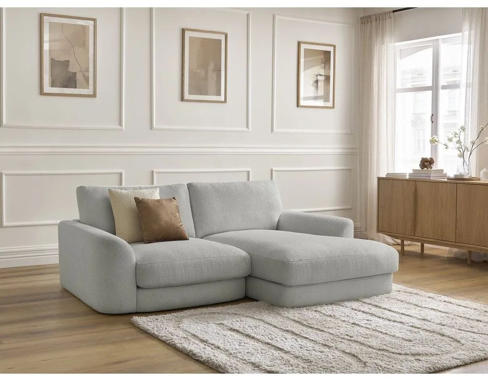 Jasnoszary narożnik z materiału bouclé (prawostronny/z szezlongiem) Leonore – Bobochic Paris