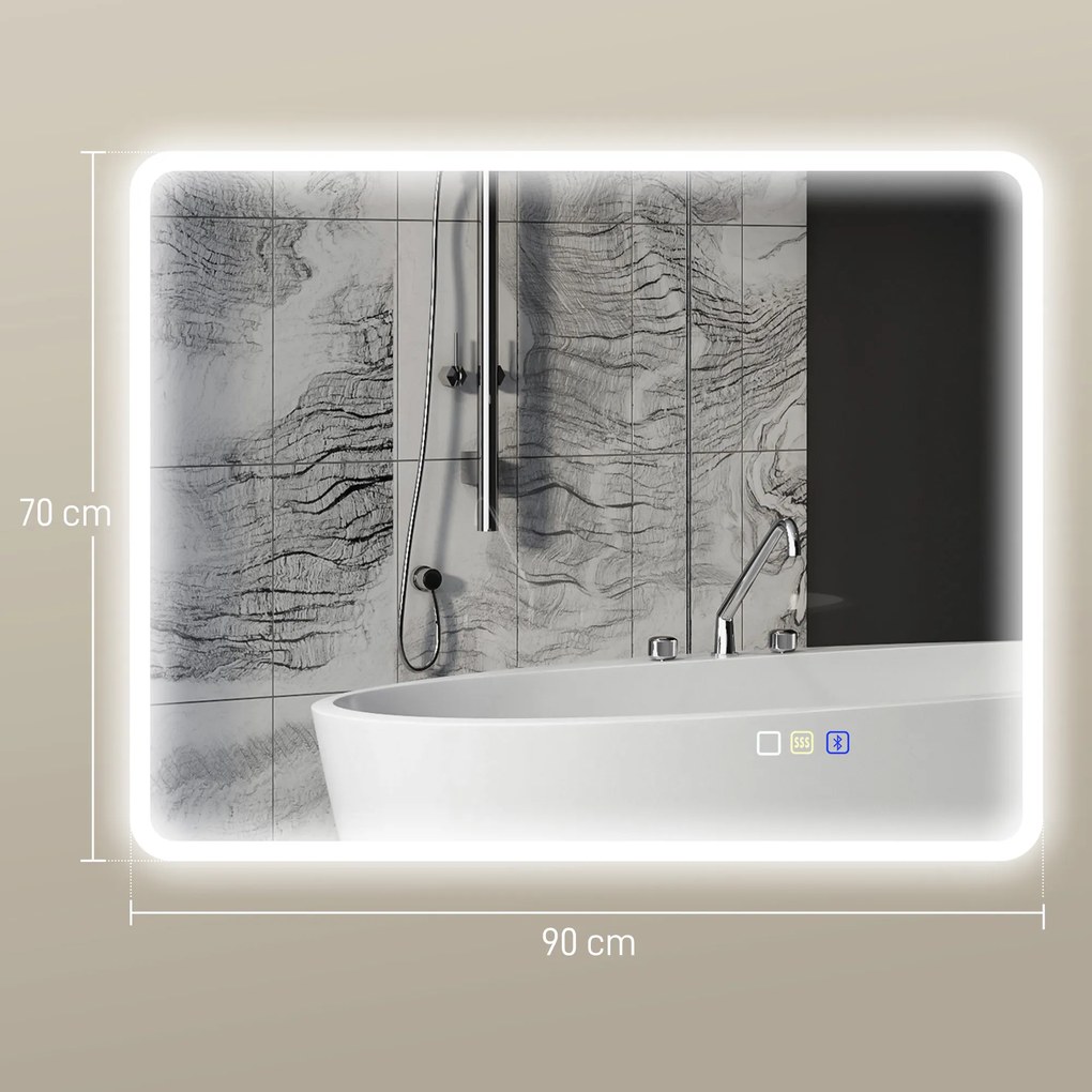 HOMCOM Lustro łazienkowe LED Bluetooth 70x90 cm podświetlane antypara głośnik 3 kolory światła dotykowe ścienne prostokątne | Aosom PL