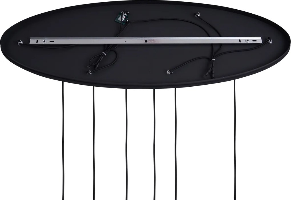 Lampa wisząca Art Deco czarna z owalną płytą sufitową i zielonym i niebieskim szkłem 6-punktowa - Douglass