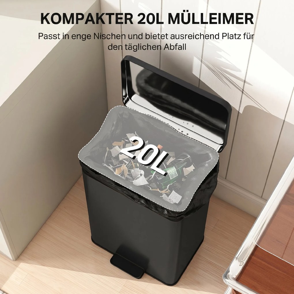 HOMCOM Kosz na śmieci 20 l z pedałem, pokrywa soft-close, wyjmowany wkład, matowa czerń, 34,2 x 30,6 x 44,2 cm | Aosom PL