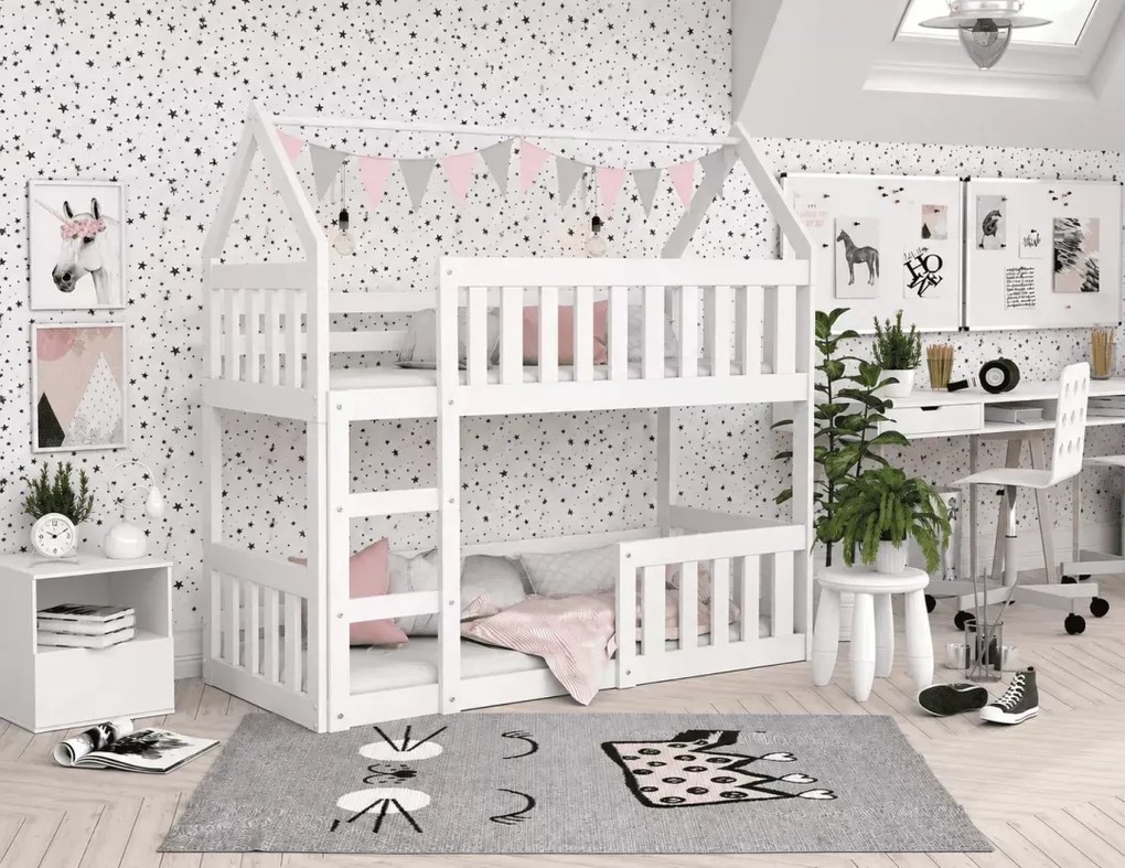 Łóżko piętrowe dziecięce Clare Domek Mini 80x190 drewniane sosnowe z barierkami