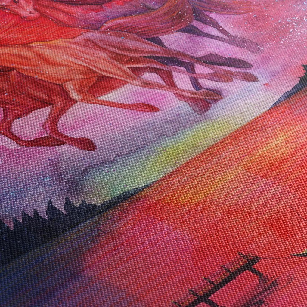 Obraz - Pojawienie się kosmicznych koni nad jeziorem, akwarela (z zegarem) (90x30 cm)