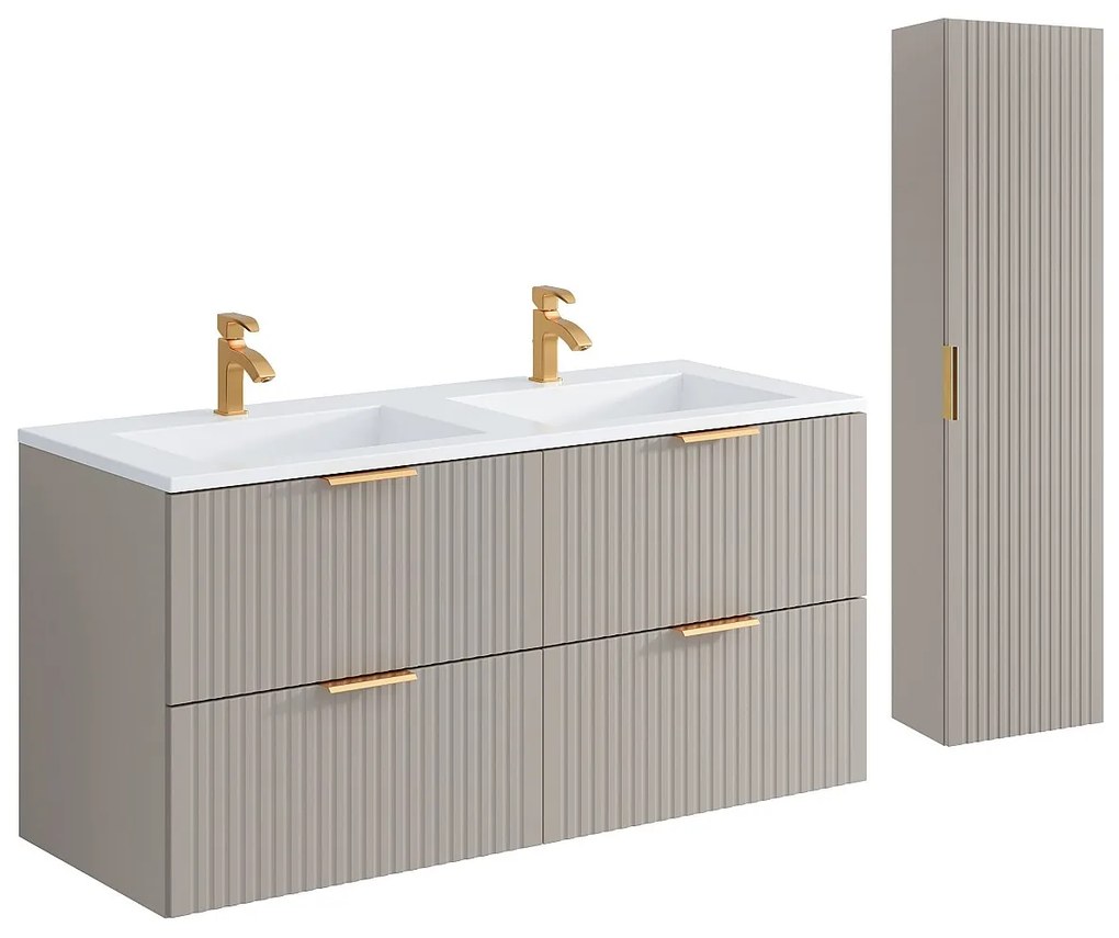 Wisząca szafka łazienkowa z prążkowaną fakturą, z okrągłą umywalką nablatową i słupkiem – kolor beżowy – 120 cm – ZEVARA