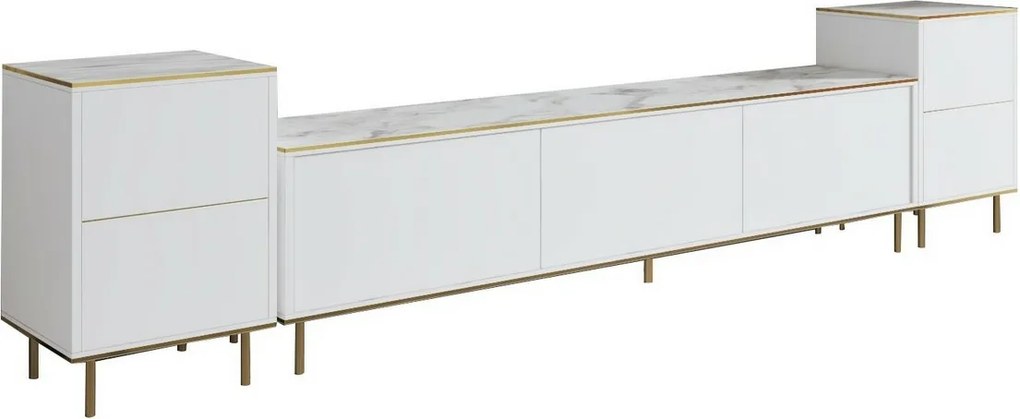 Stolik pod telewizor z szafkami Imej White Marble and Gold