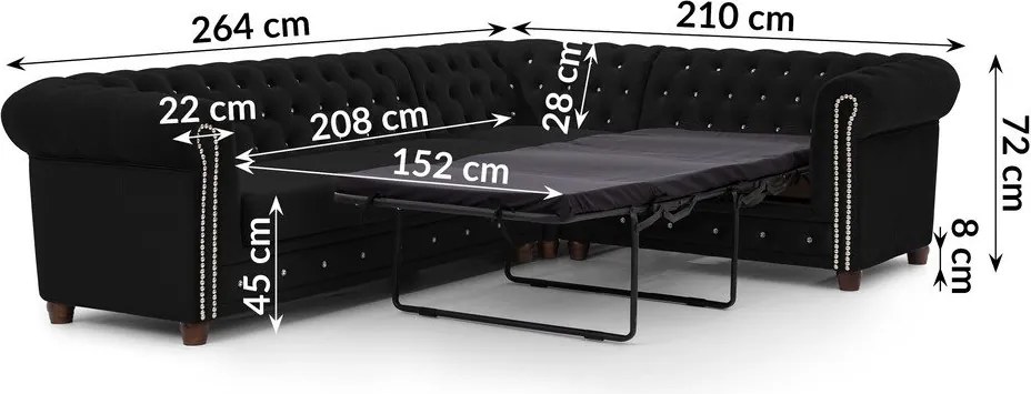 Czarny aksamitny rozkładany narożnik (prawostronny/w kształcie litery L) York Blik – Ropez