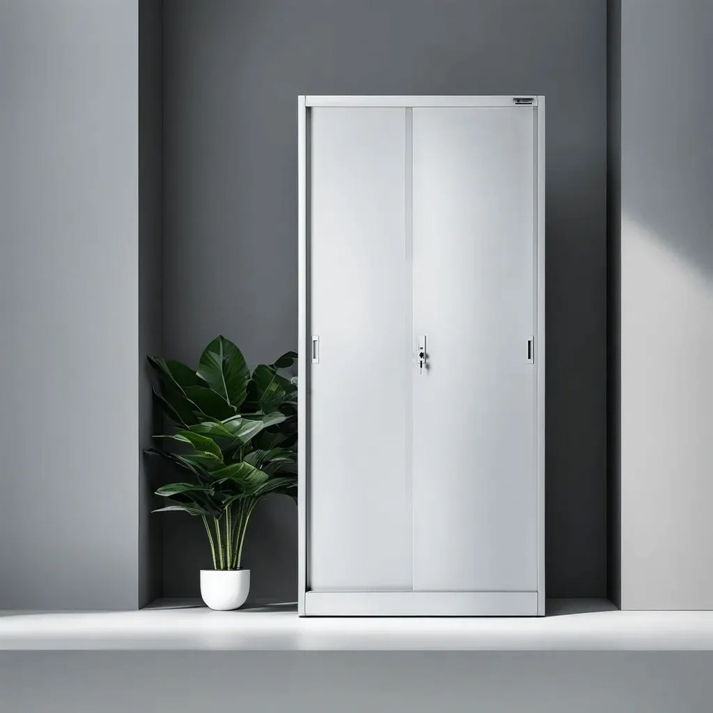 Szafa biurowa metalowa z drzwiami przesuwnymi szara, 900x1850x400 mm: KUBA