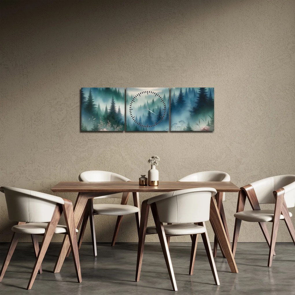 Obraz - Leśny krajobraz z mgłą (z zegarem) (90x30 cm)