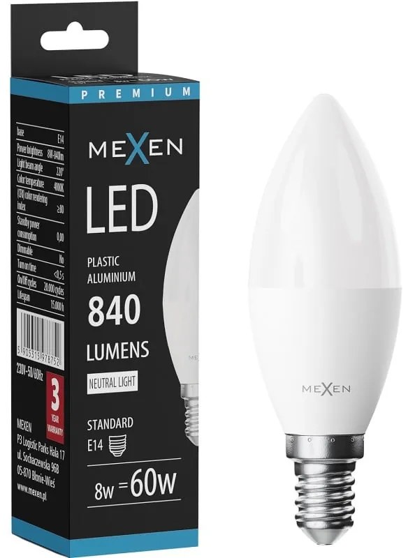 Mexen Nova żarówka LED E14, C37, 8W, Neutralna - 4000K, 840 lm - L102-E14-0840-01
