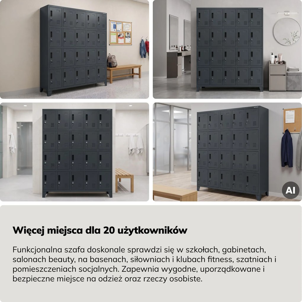 Szafa skrytkowa socjalna 20-skrytkowa na nóżkach antracytowa, 1360x1720x450 mm: ROBERT