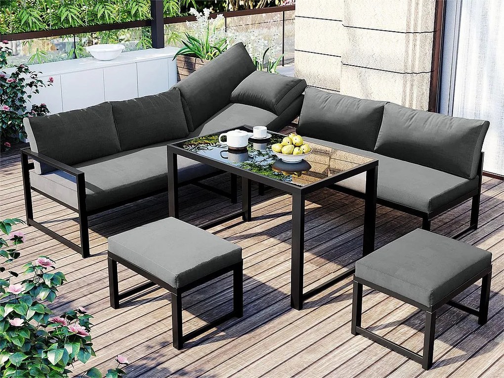 Modułowy zestaw mebli ogrodowych z aluminium na 7 miejsc - regulowany fotel z funkcją odchylania - 2 sofy, 2 stołki i 1 stół - Szary