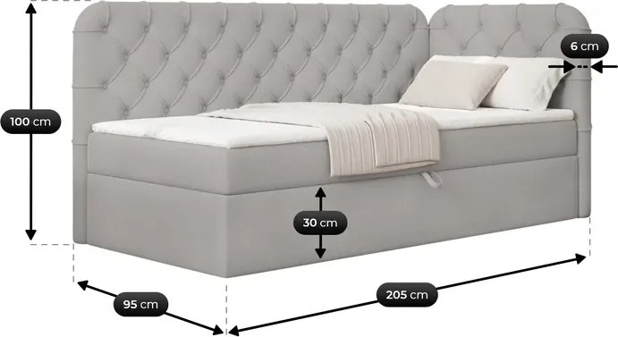 Łóżko Tapicerowane 90x200 cm VELA Młodzieżowe Prawostronne Szare Welurowe Glamour
