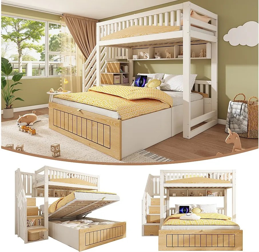Łóżko piętrowe dla dzieci - 90 x 200 + 140 x 200 cm - ze schowkiem hydraulicznym + drabinka + port USB - drewno + metal - naturalny