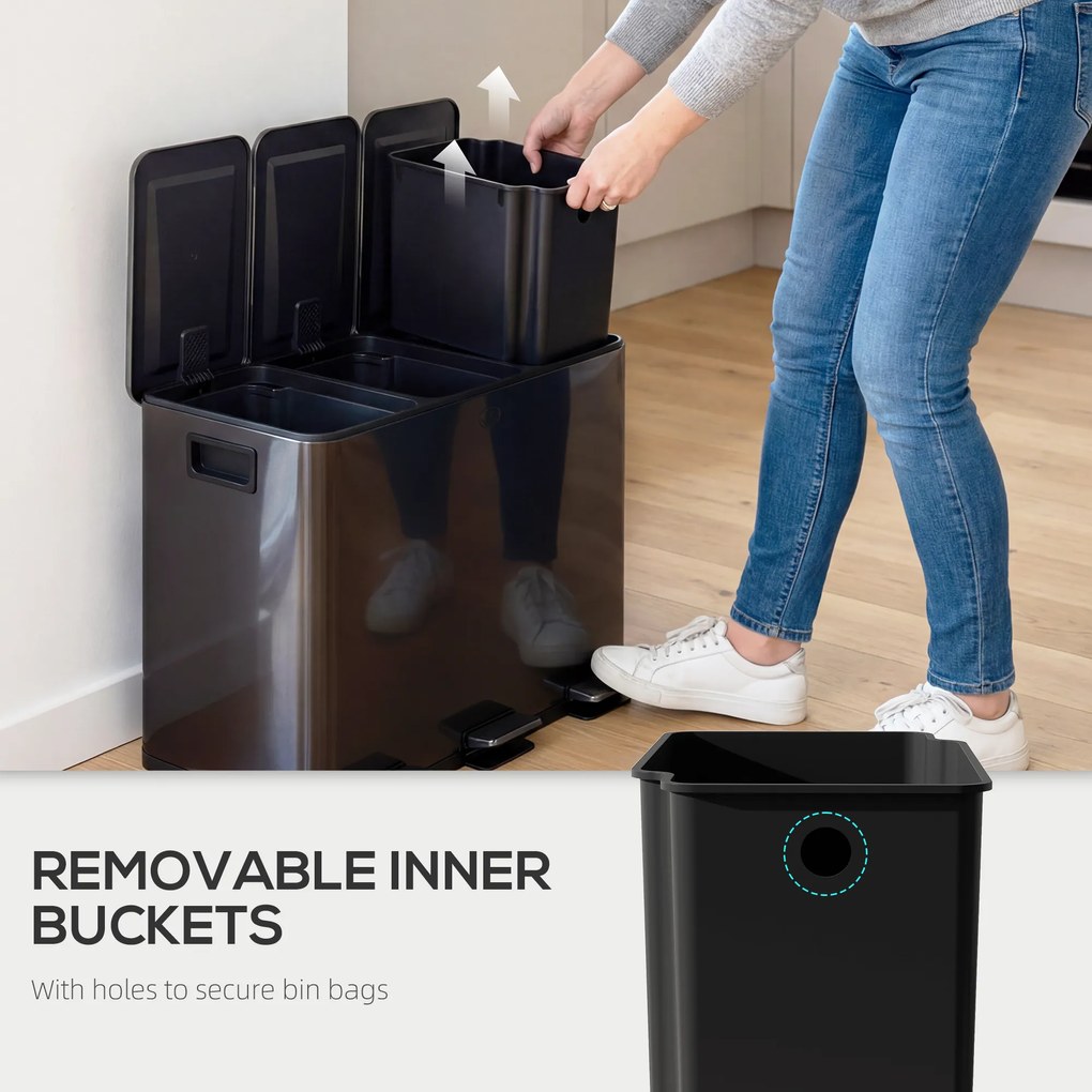HOMCOM Kosz na śmieci z 3 x 20 L komorami, pokrywami dezodorantowymi, odporny na odciski palców, soft-close, wyjmowany, czarny