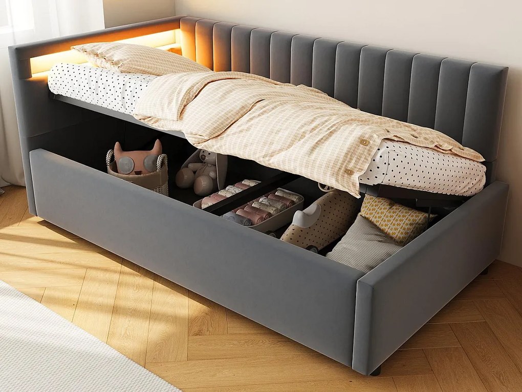 łóżko 90x200cm z LED - tkanina welurowa - Szary